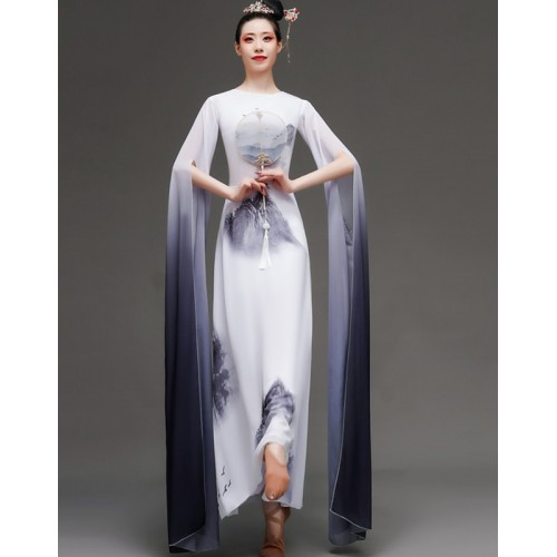 Women white with black gradient color waterfall sleeves chinese folk dance dress ancient traditional classical dance fairy princess dance dress for lady